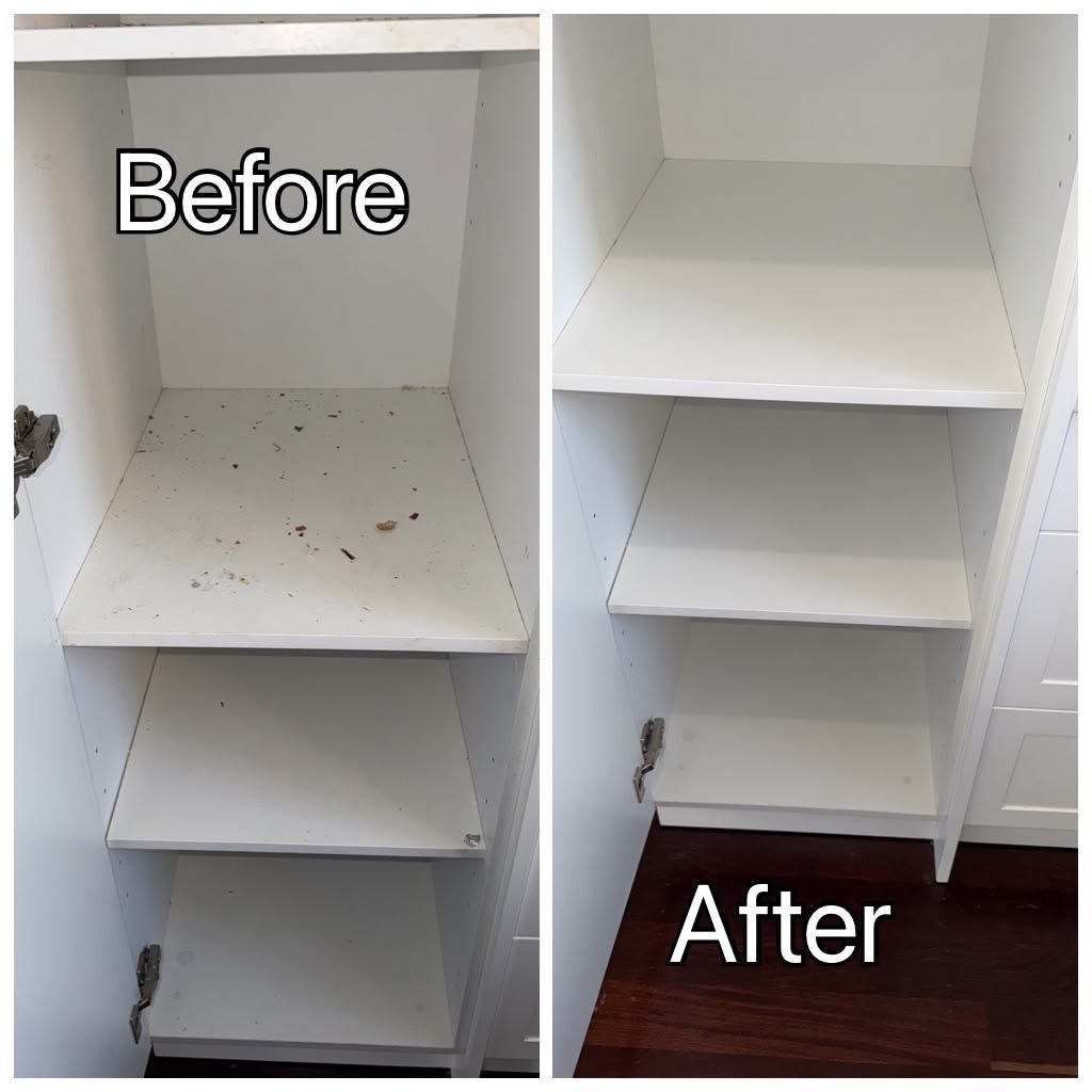 Perth Bond Cleaners kitchen cupboard shelves before and after clean in Perth